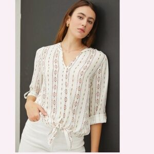 BeCool Mauve Multi Boho Front Tie Blouse Size Small - Cream